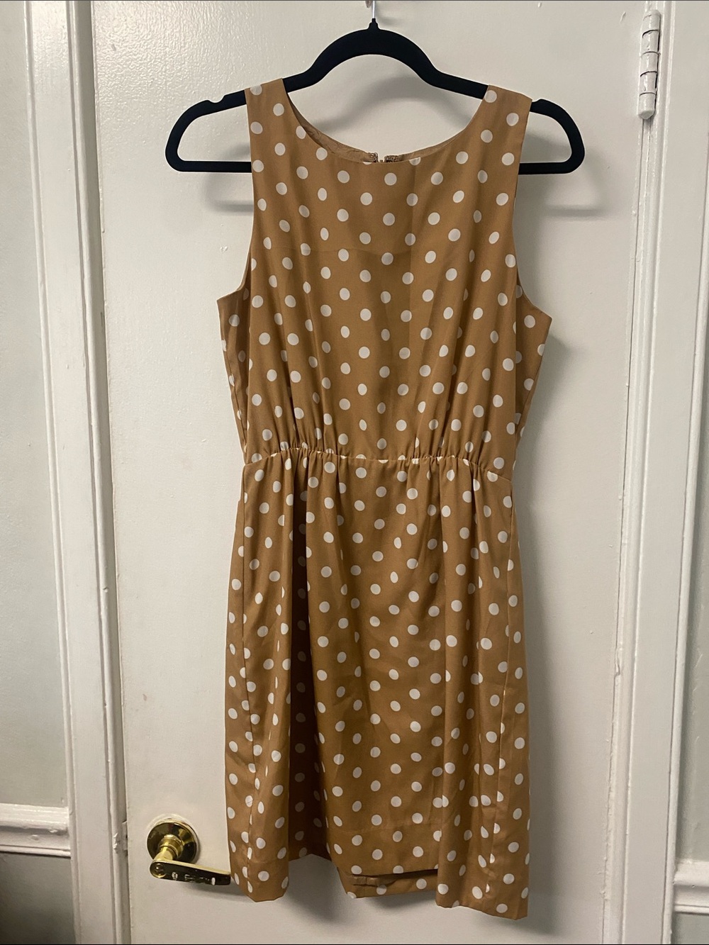 J. Crew Camel and White Polka Dot Sleeveless A-Line Dress
